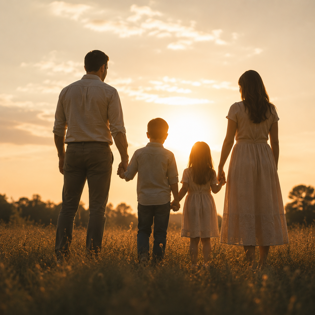 A whole family holding hands